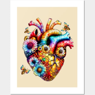 Colored Bee and human heart sweet, honey, heart, bee and flowers, hive, rainbow watercolor, valentines day Posters and Art